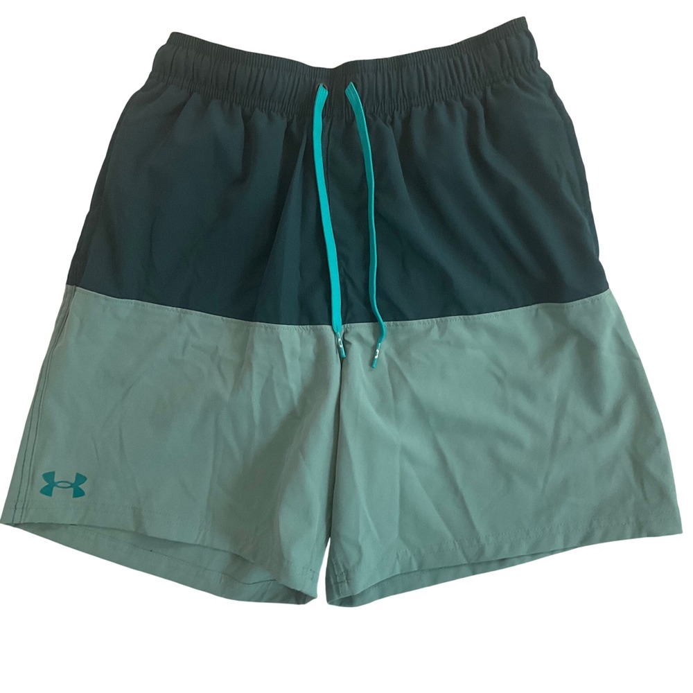 Under Armour Mens Colorblock Training Shorts Teal Green Drawstring Small